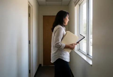 Une avocate professionnelle marche dans un couloir de bureau en tenant un dossier, baignée de lumière naturelle.