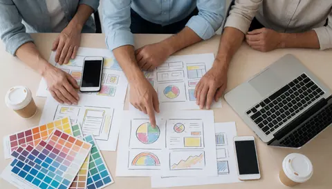Une équipe de marketing travaille autour d'une table avec des échantillons de couleurs, des téléphones, un ordinateur et du café pour valider un plan de conception.