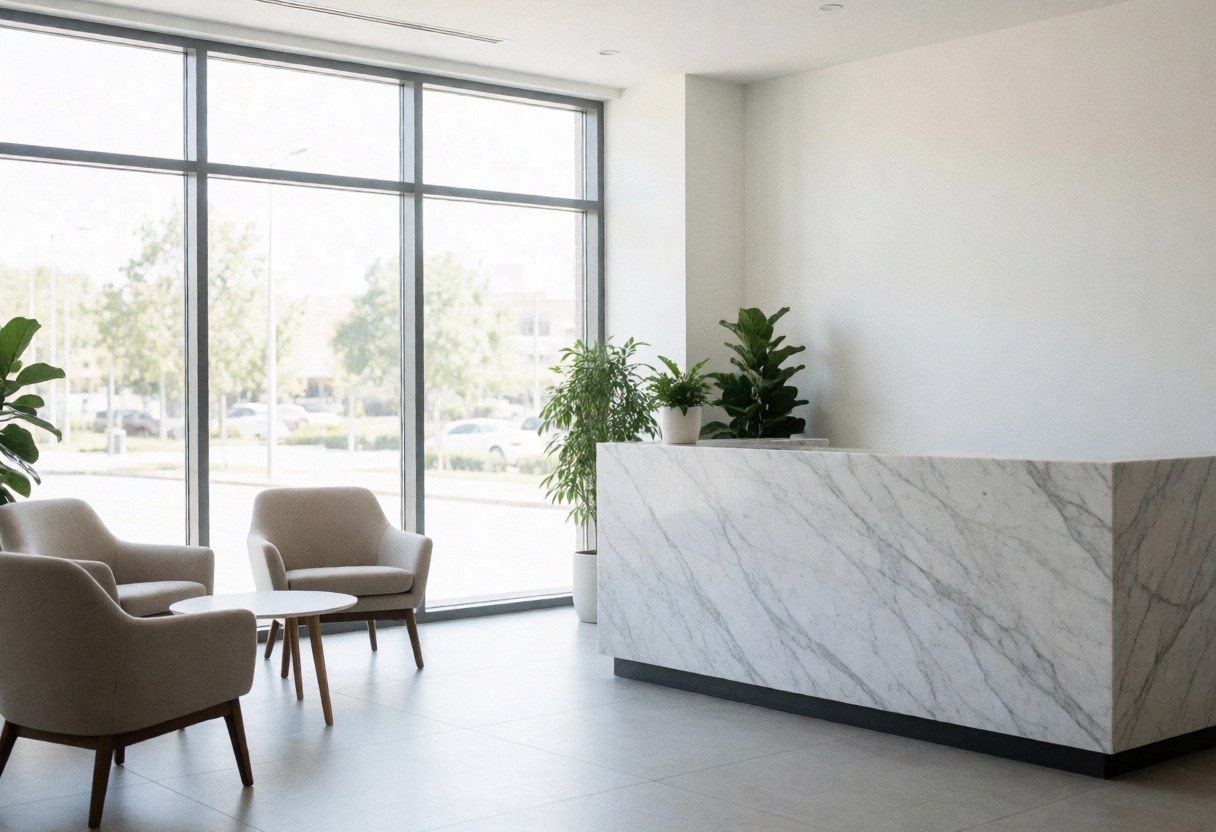 Réception de bureau moderne avec un comptoir en marbre blanc, des chaises confortables et des plantes vertes. Grandes fenêtres laissant entrer la lumière naturelle. Ambiance propre, minimaliste et accueillante.
