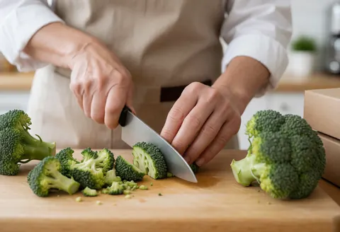 Une femme coupe un brocoli vert sur une planche en bois dans une cuisine baignée de lumière naturelle, préparant un repas sain et réaliste.