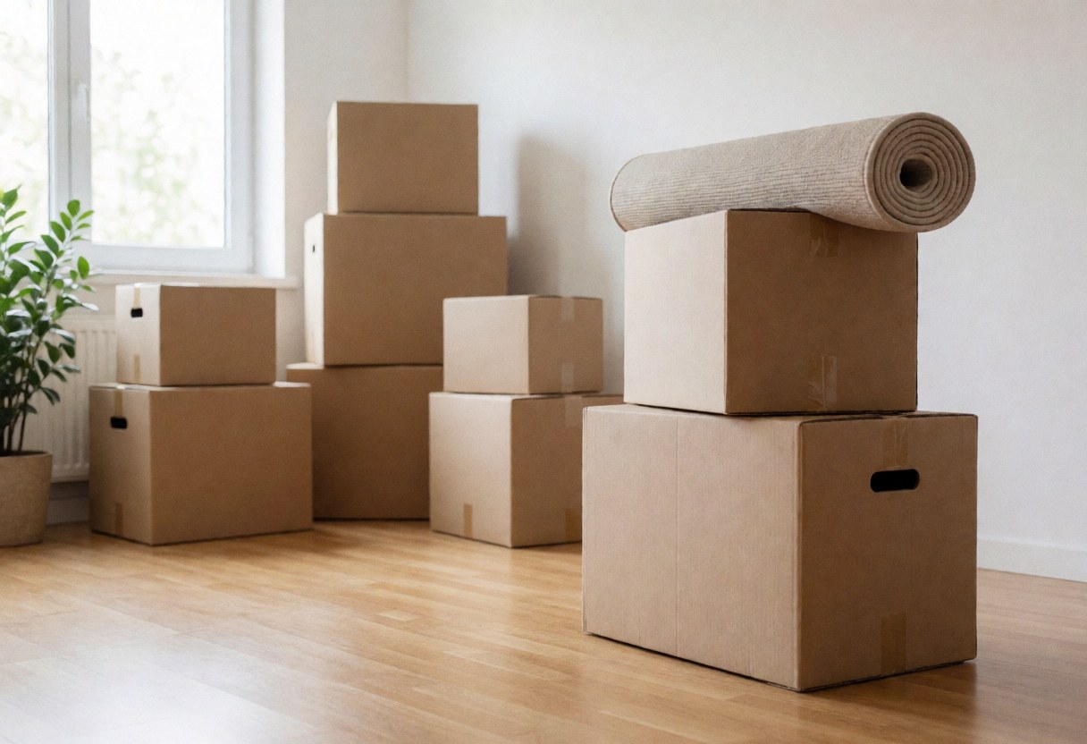 Intérieur d'une maison vide prêt pour un déménagement, avec des cartons empilés, une plante verte près de la fenêtre et une lumière naturelle inondant la pièce.