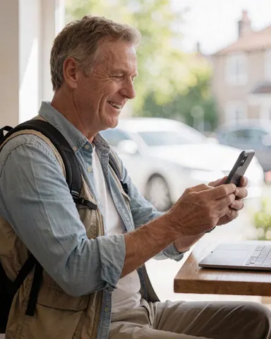 Un homme heureux utilise son smartphone alors qu'il est assis à une table en plein air, profitant d'un moment de détente pendant ses voyages.