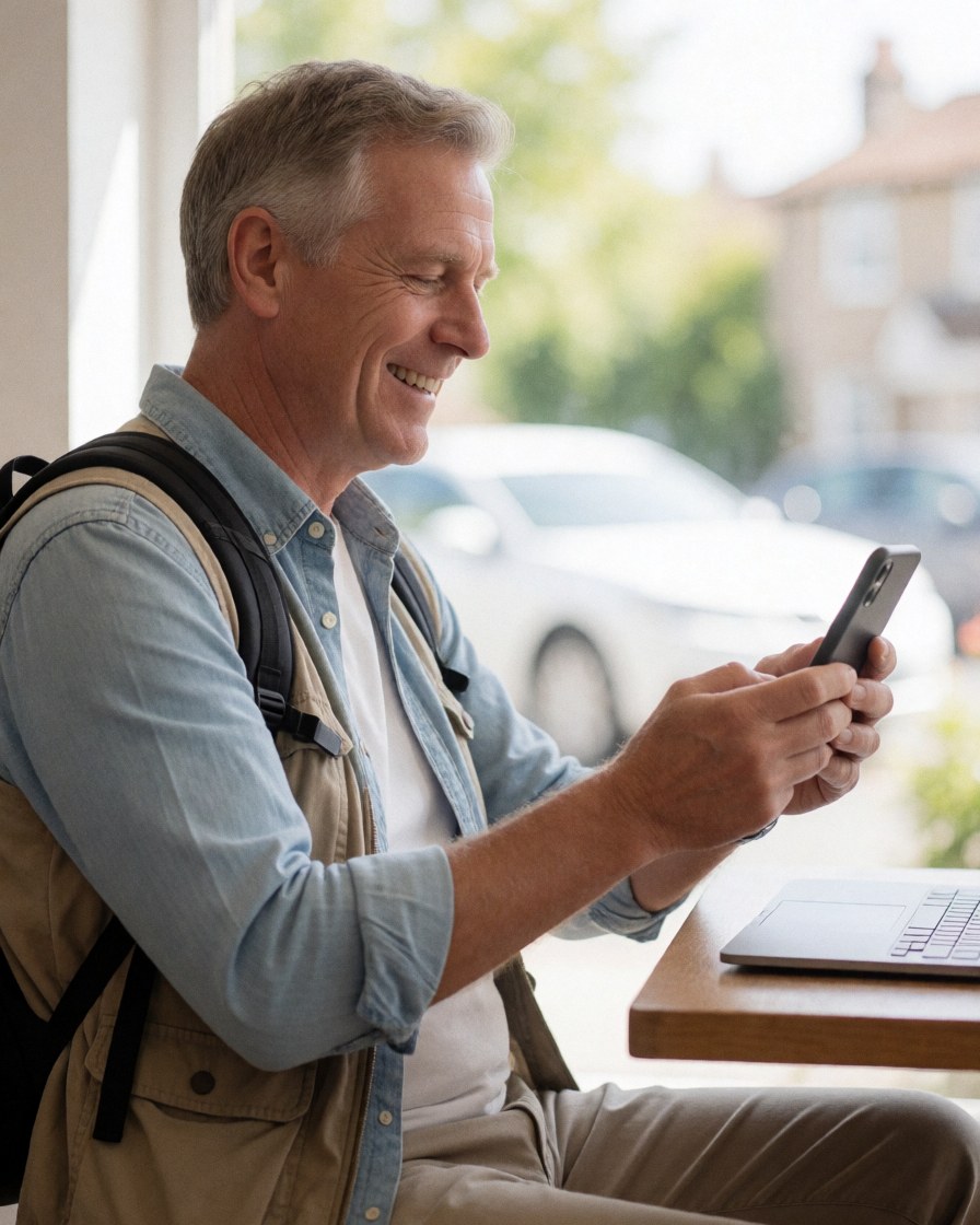 Un homme heureux utilise son smartphone alors qu'il est assis à une table en plein air, profitant d'un moment de détente pendant ses voyages.