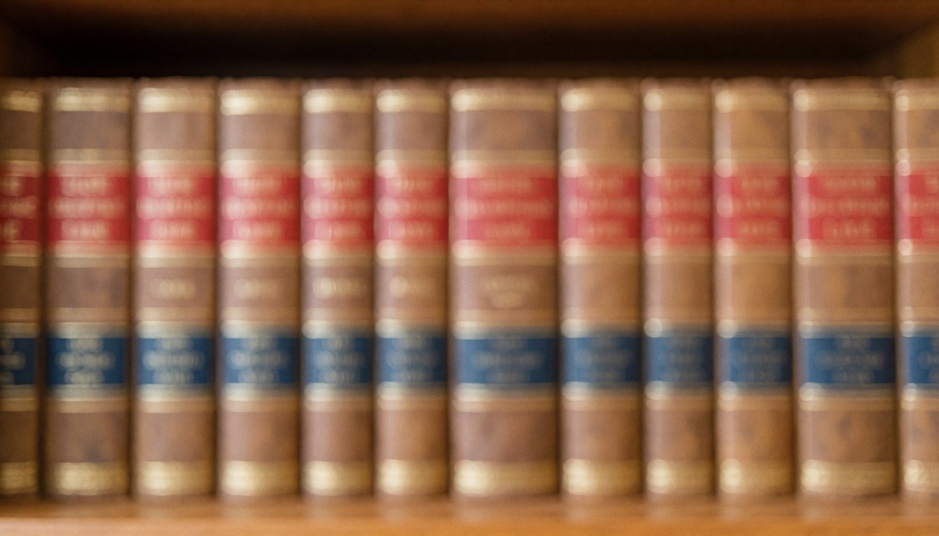 Étagère en bois remplie de livres de droit avec des couvertures sombres, créant un arrière-plan texturé et professionnel pour le secteur juridique.