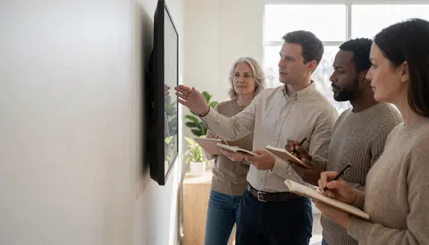 Quatre adultes dans un centre de langues, un formateur montre un écran numérique tandis que les autres prennent des notes, ambiance lumineuse et professionnelle.