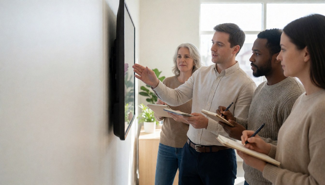 Quatre adultes dans un centre de langues, un formateur montre un écran numérique tandis que les autres prennent des notes, ambiance lumineuse et professionnelle.