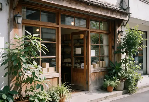 Façade d'un café en bois avec grandes fenêtres, porte d'entrée et plantes vertes créant une ambiance chaleureuse et naturelle.