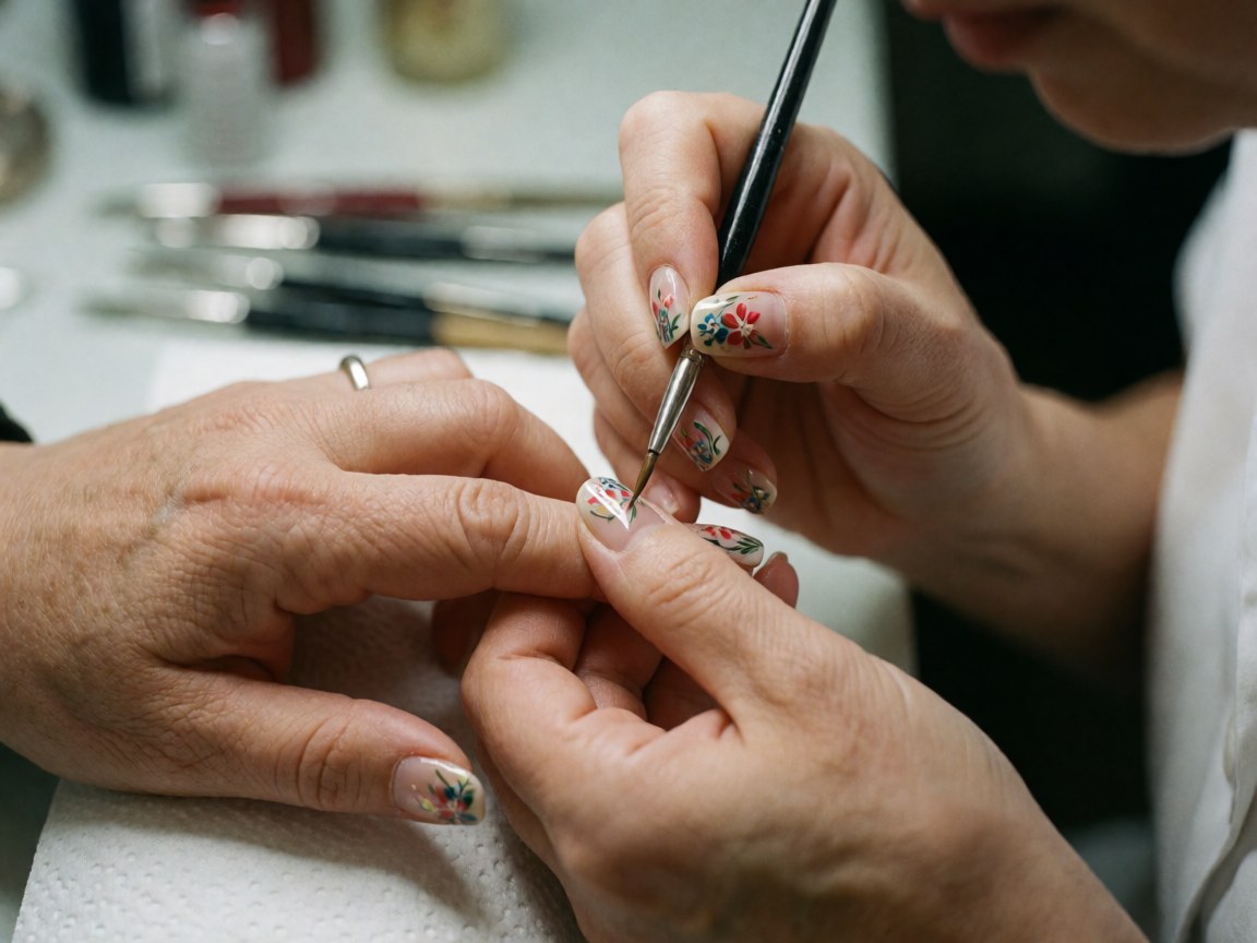 Manuciste appliquant un motif floral précis sur une ongle à l'aide d'un pinceau fin, mains du client et outils de salon flous en arrière-plan.