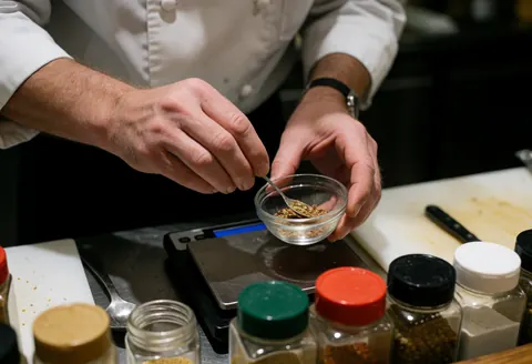 Un chef mesure des épices sur une balance numérique, entouré de bocaux d'épices, scène réaliste utile pour le secteur du traiteur.