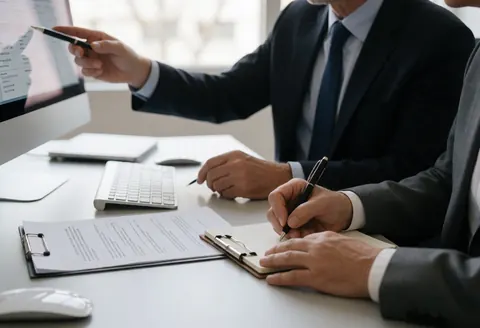 Deux professionnels en bureau consultent des papiers et un écran, mains au premier plan, cadre professionnel.