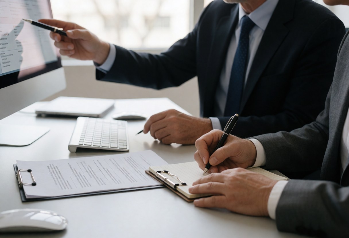 Deux professionnels en bureau consultent des papiers et un écran, mains au premier plan, cadre professionnel.