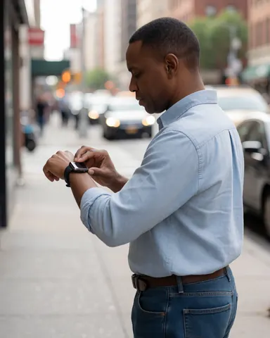Un homme regarde attentivement l'écran de son montre connectée alors qu'il se trouve sur un trottoir urbain en plein jour.