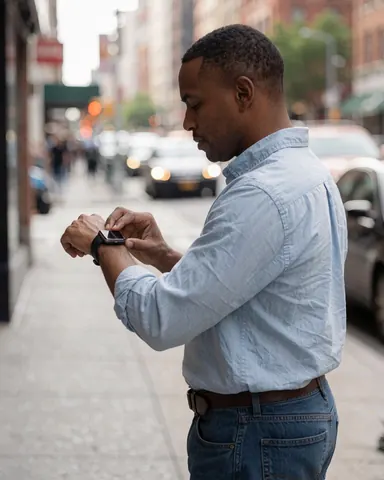 Un homme regarde attentivement l'écran de son montre connectée alors qu'il se trouve sur un trottoir urbain en plein jour.