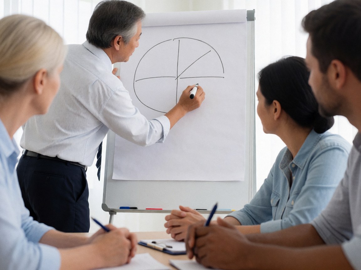 Un formateur écrit un diagramme sur un tableau blanc pendant que quatre participants attentifs prennent des notes à une table de réunion dans un bureau bien éclairé.