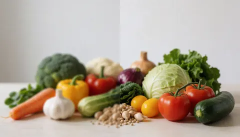 Brocoli, tomate, carotte, laitue, oignon, poivron, courgette, ail et haricots posés sur une surface blanche pour illustrer la nutrition.