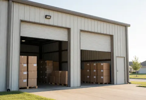 Entrepôt industriel avec portes de garage ouvertes, cartons empilés sur des palets, ciel dégagé et ambiance suburbaine, idéal pour les services de déménagement et de logistique.