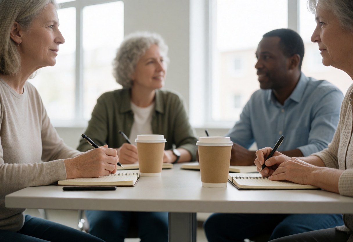 Quatre adultes en classe de langues, assis autour d'une table avec des cahiers et des tasses de café, discutant et prenant des notes dans une salle lumineuse.