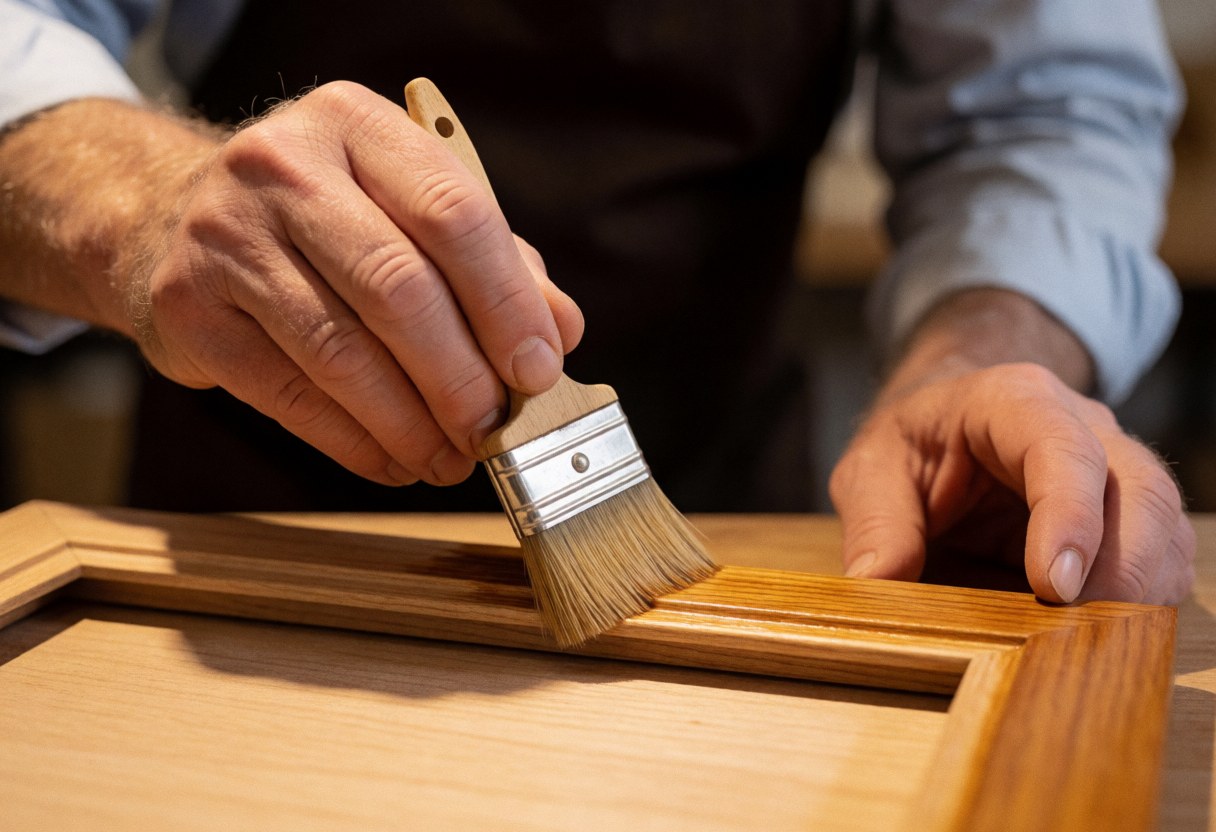 Une main applique du vernis avec un pinceau sur un cadre en bois pour protéger et embellir le meuble.