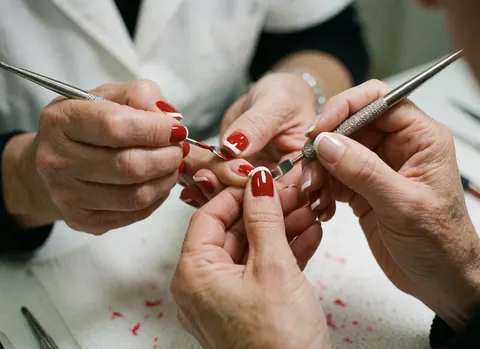 Détail d'une manucure française réalisée avec des outils métalliques, mettant en valeur des ongles rouges brillants sur un fond propre et professionnel.