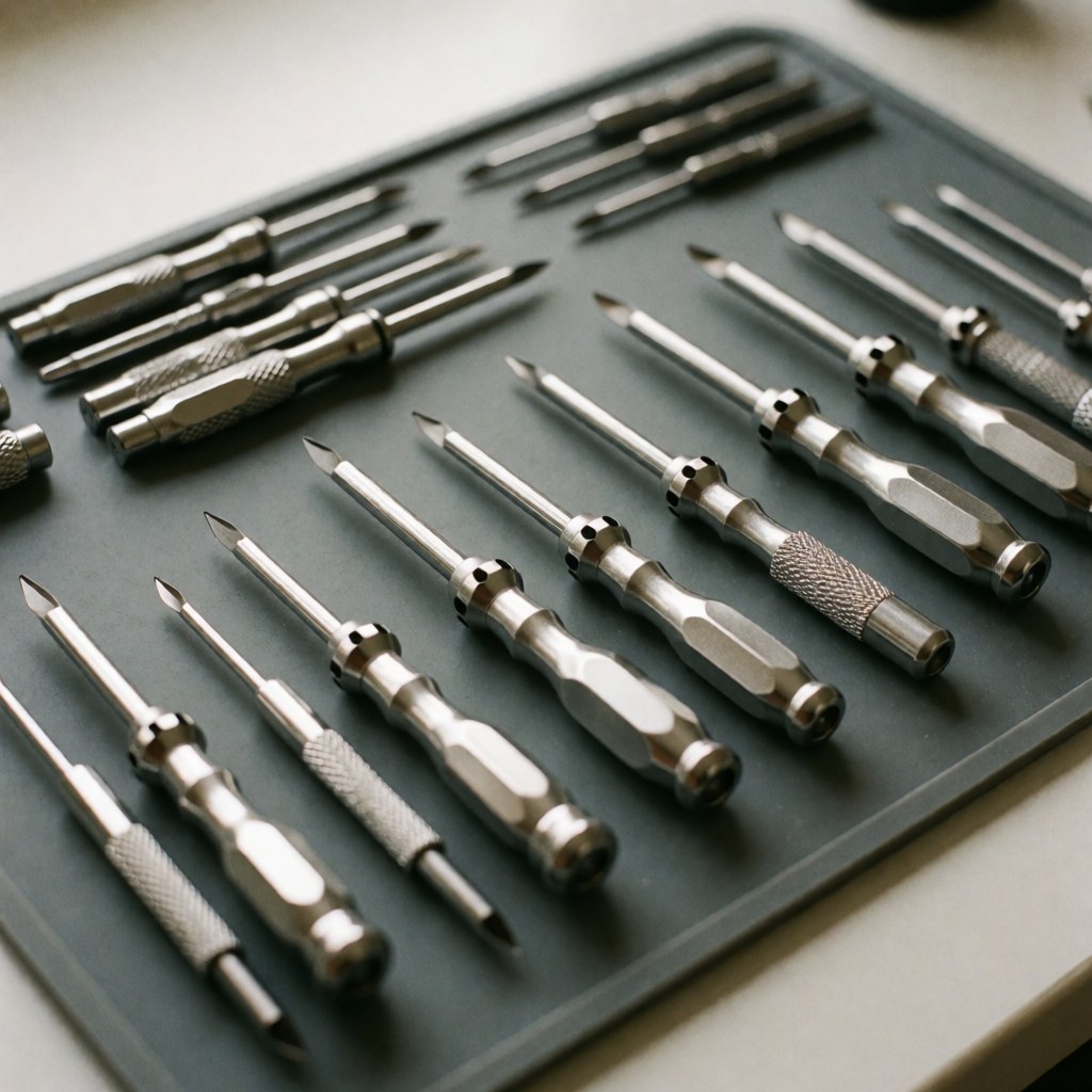 Ensemble de tournevis de précision métalliques rangés de manière organisée sur une surface grise, typique d'une photographie de produit pour fermetures.