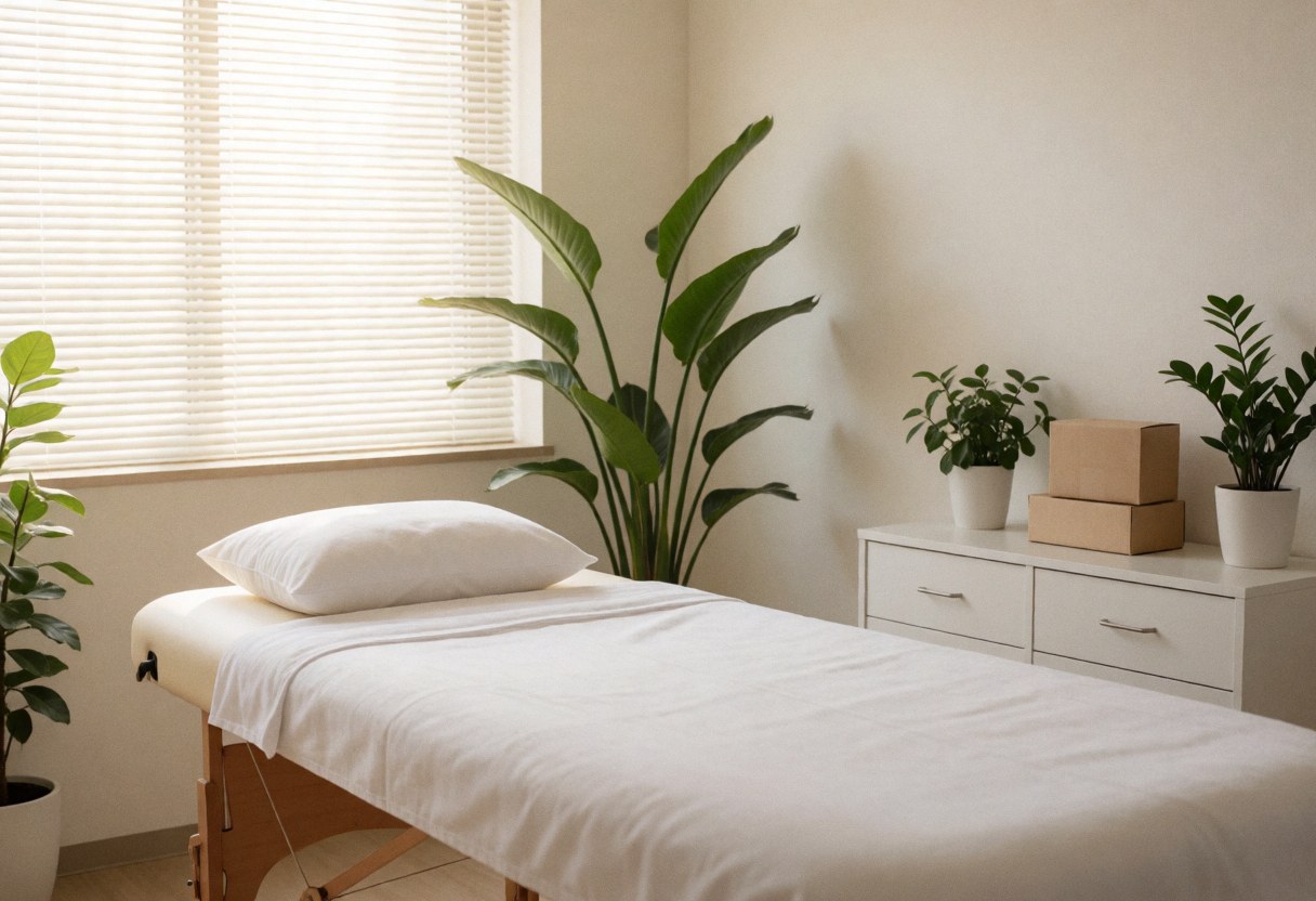 Salle de massage propre et minimaliste avec lit, plantes vertes et lumière naturelle, idéale pour les entreprises de spa et bien-être.