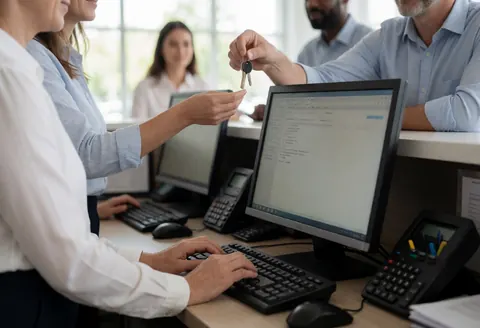 Une réceptionniste remet des clés à un client pendant qu'une collègue travaille sur un ordinateur dans un bureau axé sur le service client.