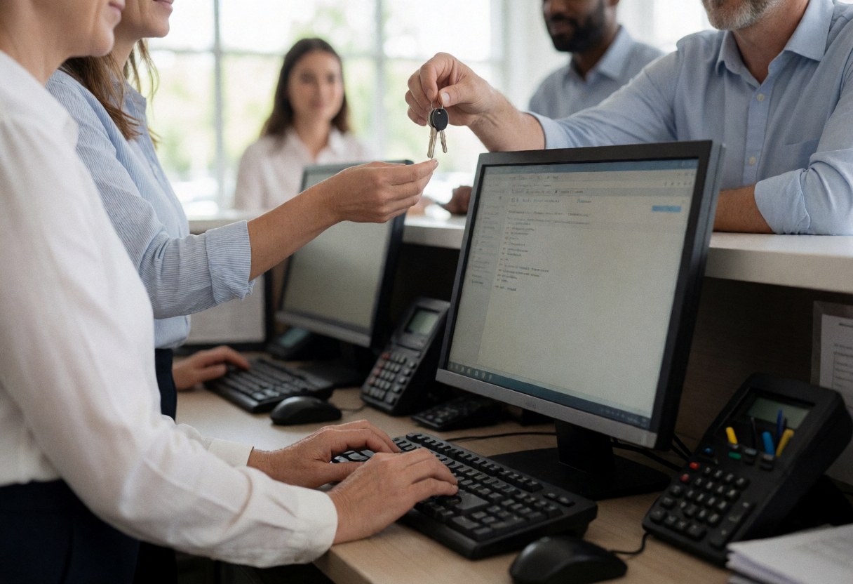 Une réceptionniste remet des clés à un client pendant qu'une collègue travaille sur un ordinateur dans un bureau axé sur le service client.