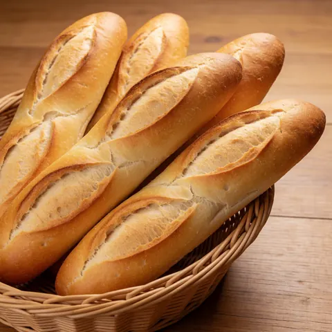 Plusieurs baguettes de pain dorées et croustillantes disposées dans un panier en osier sur une surface en bois rustique.