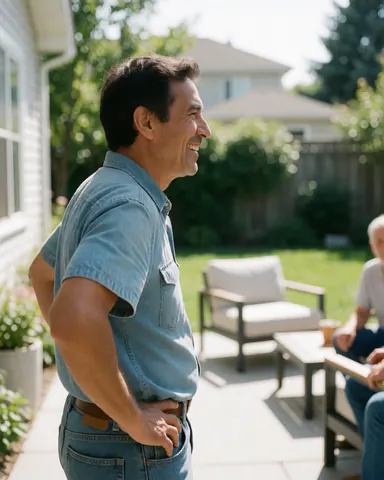 Un homme satisfait sourit dans son patio avec des meubles modernes sous un soleil éclatant, évoquant une ambiance relaxée après une rénovation.