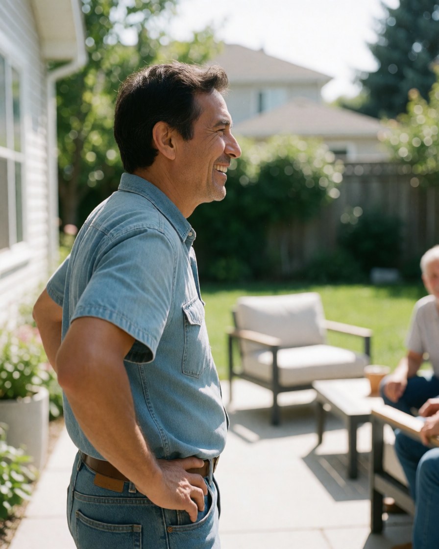Un homme satisfait sourit dans son patio avec des meubles modernes sous un soleil éclatant, évoquant une ambiance relaxée après une rénovation.
