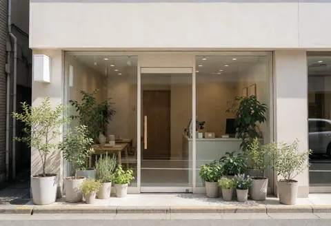 Façade d'un cabinet de nutrition avec porte vitrée, plantes en pot et intérieur moderne, idéal pour les services de santé.