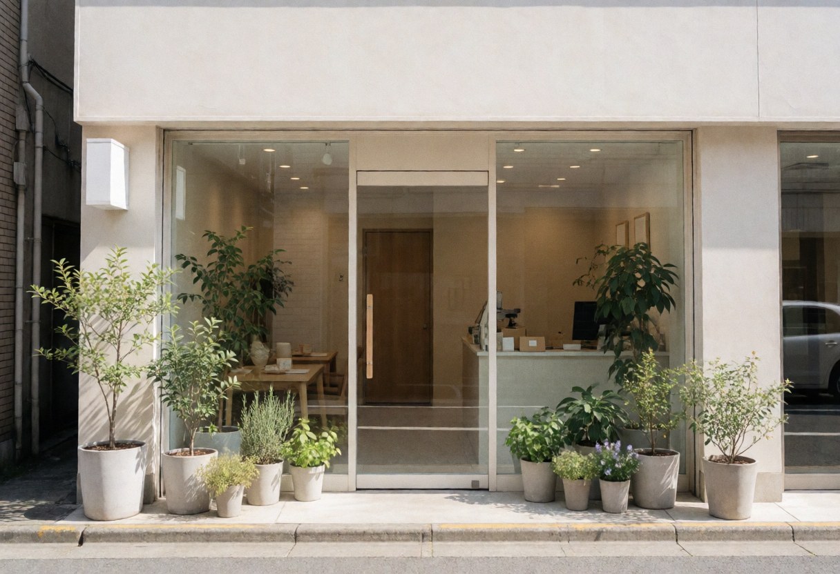 Façade d'un cabinet de nutrition avec porte vitrée, plantes en pot et intérieur moderne, idéal pour les services de santé.