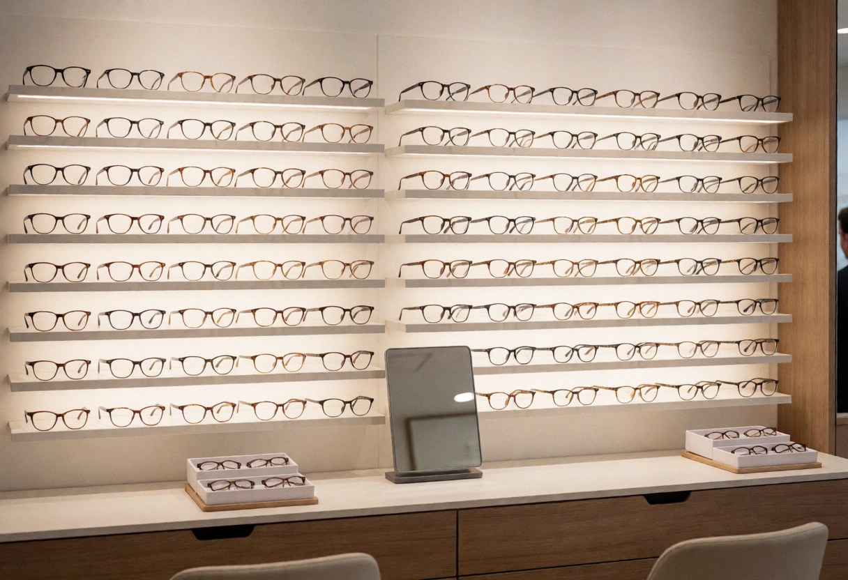 Mur présentant des lunettes dans une boutique d'optique, éclairage doux, comptoir propre, miroir et présentoirs contenant des lunettes.