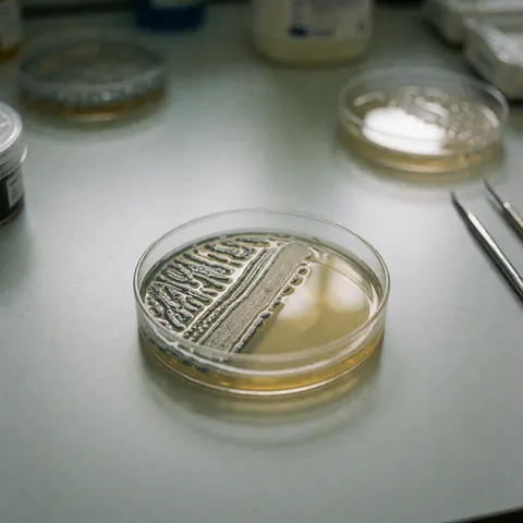 Une plaque de petri contenant un milieu de culture avec des colonies bactériennes visibles, utilisée pour l'analyse microbiologique en laboratoire clinique.