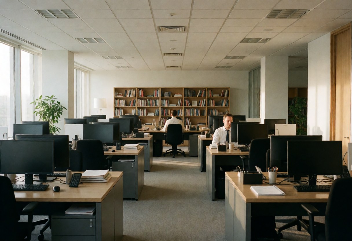 Vue d'un bureau financier moderne et inoccupé, équipé d'un bureau, d'un ordinateur, d'une chaise et de livres sur une étagère.