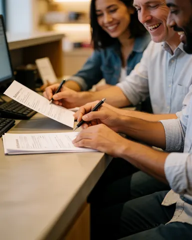 Une équipe commerciale souriante se tient derrière un bureau d'accueil moderne, tenant des documents et interagissant dans un environnement professionnel lumineux.