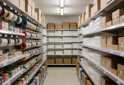 Des allées bien rangées remplies de cartons prêts pour l'expédition, avec du ruban adhésif et des matériaux d'emballage visibles dans un entrepôt.