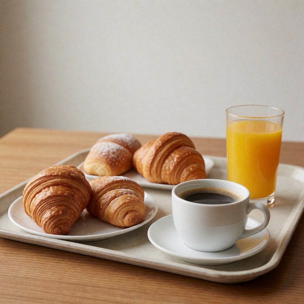 Petit-déjeuner d'hôtel composé de croissants, café noir et jus d'orange servis sur une table en bois.
