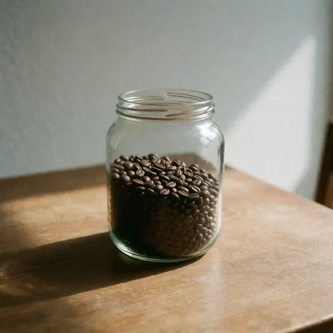Un bocal en verre transparent rempli de grains de café torréfié posé sur une table en bois, éclairé par une lumière naturelle créant des ombres douces.