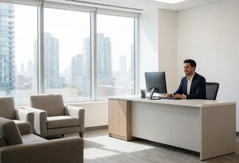 Vue d'une réception de bureau propre et moderne avec un bureau, une chaise, un ordinateur et une fenêtre offrant une vue sur la ville.