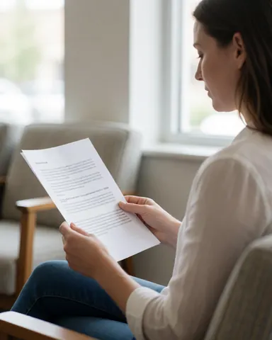 Une cliente assise sur une chaise confortable lit attentivement des documents juridiques dans un bureau professionnel éclairé par la lumière naturelle.