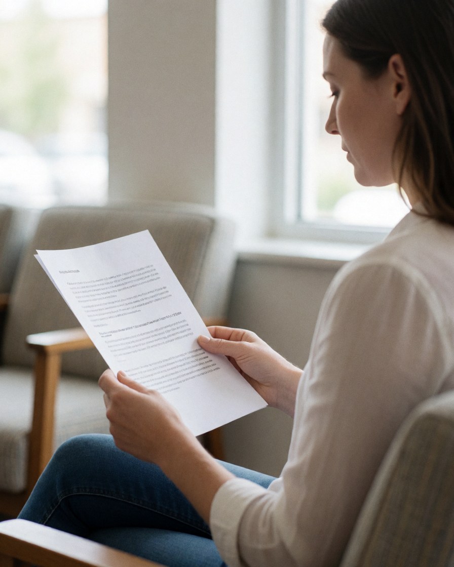 Une cliente assise sur une chaise confortable lit attentivement des documents juridiques dans un bureau professionnel éclairé par la lumière naturelle.