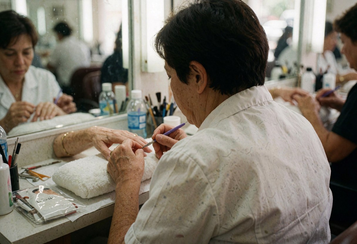 Une femme en uniforme blanc réalise un soin des ongles sur un client dans un salon équipé de miroirs et d'éclairage.