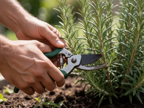 Une main utilise des ciseaux pour tailler délicatement un pied de romarin dans un jardin ensoleillé, mettant en valeur les feuilles vertes et la texture des branches.