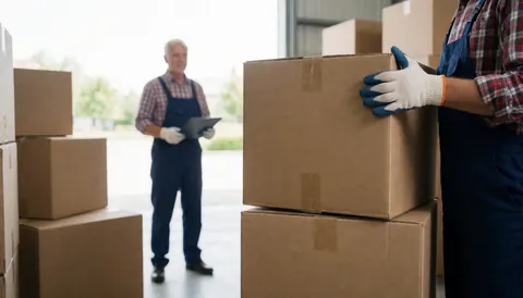 Un ouvrier en gants transporte des boîtes dans un entrepôt tandis qu'un collègue consulte une tablette en arrière-plan, illustrant une scène professionnelle de logistique.
