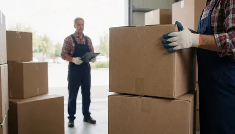 Un ouvrier en gants transporte des boîtes dans un entrepôt tandis qu'un collègue consulte une tablette en arrière-plan, illustrant une scène professionnelle de logistique.