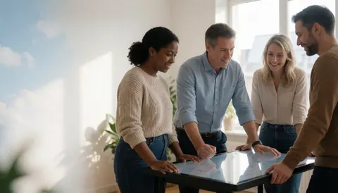Quatre personnes souriantes collaborent autour d'une table tactile dans un bureau moderne éclairé par la lumière naturelle.