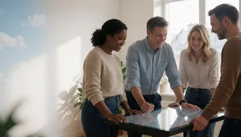 Quatre personnes souriantes collaborent autour d'une table tactile dans un bureau moderne éclairé par la lumière naturelle.