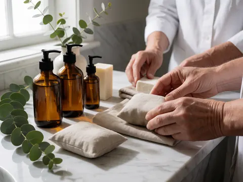Des mains placent un savon dans un sac en lin sur un plan de travail en marbre, à côté de bouteilles en verre ambré et de branches d'eucalyptus.