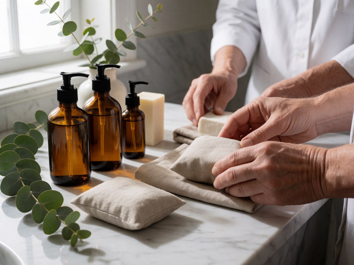 Des mains placent un savon dans un sac en lin sur un plan de travail en marbre, à côté de bouteilles en verre ambré et de branches d'eucalyptus.